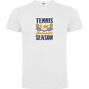 Wit T-Shirt met “Kleurrijke Tennis is my Favorite Season – Tennis het hele jaar – Sport “ Print Full Color Maat M