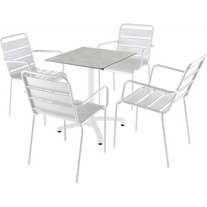 Oviala - Ligtafel van 60x60 cm in lichtgrijs betonlaminaat en 4 witte stoelen