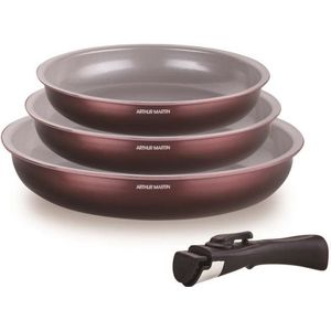 Set van 3 koekenpannen - ARTHUR MARTIN - AM8866 - Alle warmtebronnen inclusief inductie - 20/24/28 cm + 1 handgreep - Aluminium - Keramische coating