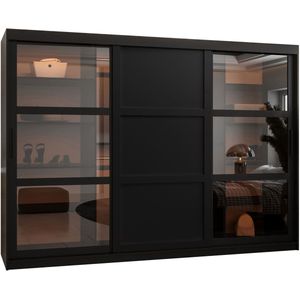 Zweefdeurkast Kledingkast met 3 schuifdeuren glanzen Garderobekast slaapkamerkast Kledingstang met planken | elegante kledingkast - DEMO 3 (250 cm, Zwart)