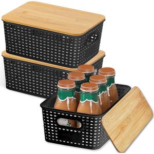 Stapelbare opbergdozen - ruimtebesparend - set van 3 - bamboe deksel - kunststof