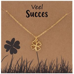 Bixorp Luck Cadeau Ketting ""Veel Succes"" - Goud Verguld - Klavertje Vier Hanger in Cadeauverpakking - 38+8cm