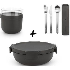 Brabantia Make & Take Set - Salade Lunchbox + Bestekset 3-delig + Yoghurtbeker - Dark Grey