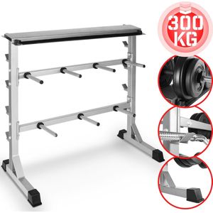 Physionics - Universeel Gewichtenrek t.b.v. Barbells, Halterstangen, Curlstangen en losse Gewichtschijven - Perfect voor Opbergen en Organiseren van alle materialen voor Gewichtheffen - Anti Slip Onderstel - Grijs - Maximaal 300kg