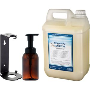 Zeepdispenser 300 ml amber bruin hervulbaar + 5 liter Shampoo Sensitive Care navulling (inclusief beugel)