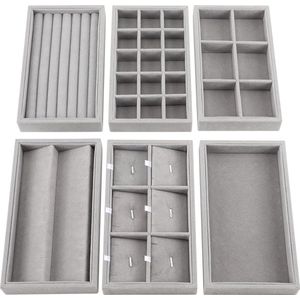 Pack van 6 stapelbare sieradenorganizers van grijs fluweel - sieradeninzetstukken voor lades in 6 verschillende designs - in totaal 36 vakken voor ringen, armbanden, oorbellen & Ketenopslag