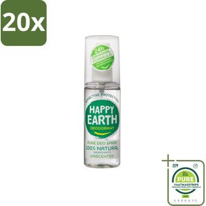 20 x Happy Earth – Deodorant Spray – 100% Natuurlijk Unscented – 100 ml - Grootverpakking - Geurloos Deodorant - Hypoallergene Deodorant - Natuurlijke Deodorant - Deodorant Voor Gevoelige Huid - Mineralen Deodorant