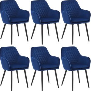 Colenis® - Laura Eetkamerstoel - Set Van 6 - Blauw - Velvet - Design - Industrieel - Met armleuning