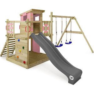 WICKEY speeltoestel klimtoestel Smart Camp met schommel &pastelroze zeil, outdoor klimtoren voor kinderen met zandbak, ladder & speelaccessoires voor de tuin