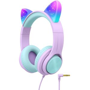 Intelectro Koptelefoon voor Kinderen - Coole LED Verlichting en Helder Geluid - 94Db Begrensd - Verschillende Lichtstanden - Ingebouwde Microfoon - Comfortabel en Draagbaar Ontwerp - Paars - Levering Sneller dan Aangegeven!
