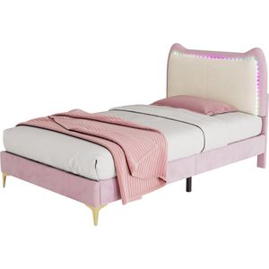 Merax Velvet Bed met LED Verlichting - 90x200 cm Kinderbed met Kattenoren - Eenpersoonsbed - Roze met Wit