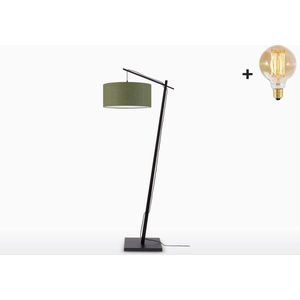 Vloerlamp – ANDES – Zwart Bamboe Voetstuk (h. 176 cm) - Groen Linnen - Met LED-lamp