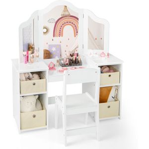 COSTWAY 2-in-1 Kinderkaptafel en Bureau Met Afneembare Spiegel, Open Vakken, Houten Kaptafel Met Stoel, Roze