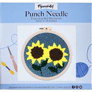 Figured'Art Punch Needle Kit voor Volwassenen en Kinderen - Zonnebloemen - Perfect voor Beginners. Compleet klaar-om-te-borduren set, maat 20x20 cm met ronde frame