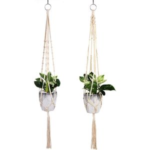 Plantenhanger 2 stuks macramé 105 cm katoenen touw hangpot decoratieve plantenhanger binnen buiten plafond balkons wanddecoratie beige