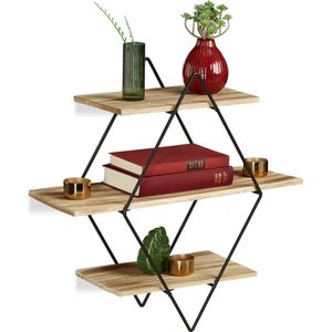 Relaxdays wandrek hout - 3 etages - wandplank - diamantvorm - wandboard - vintage