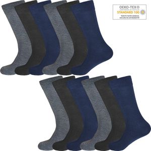 12 paar effen sokken in Zwart, Blauw en Grijs 43-46 Oeko-tex