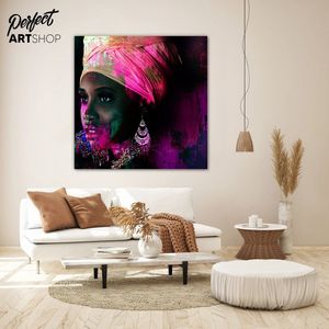 BEAUTIFUL AFRICAN WOMAN-2:60x60cm Aluminium Decoratie - Modern - Zwart - Blauw - Groen - Roze - Vrouw - Afrika