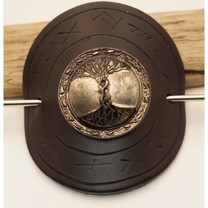 Zwarte leren haarspeld levensboom - ronde haarspeld - haarspeld met stokje - levensboom haaraccessoires - levensboom haarsieraden - haarspeld levensboom - haarspeld tree of life - tree of life haar accessoire - boom haarspeld - keltische haarspeld