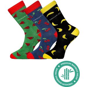 SQQUADD® Bamboe Sokken Dames en Heren - Fruitsokken Mix 3-pack - Maat 39-42 - Naadloos en Duurzaam - Tegen Zweetvoeten - Bamboo - Banaan Meloen Kersen