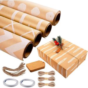 Nieuwe titel: Set van 4 rollen 3 m cadeaupapier verjaardag met plakband henneptouw inpakpapier kraftpapier voor communie doop verjaardag bruiloft Kerstmis