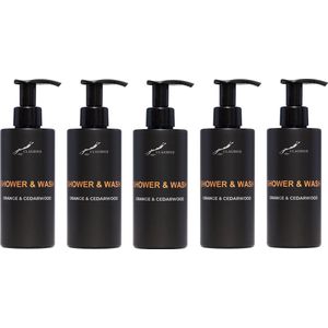 Shower & Wash Sweet Orange & Cedarwood 300 ml - met pomp - zwarte fles - set van 5 stuks - Voordeelverpakking