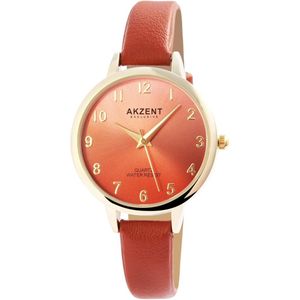 Akzent-Dames horloge-Analoog-Rond-34MM-Goudkleurig-Bruin lederen band.