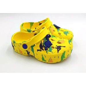 Kinder baby / peuter / kleuter klompen dinosaurus - meisjes en jongens clogs - geel, groen en blauw met dino fantasie - ideaal voor thuis of op het strand - maat 30