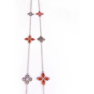 Lange zilveren collier halssnoer Model Refined Repitition gezet met oranje stenen