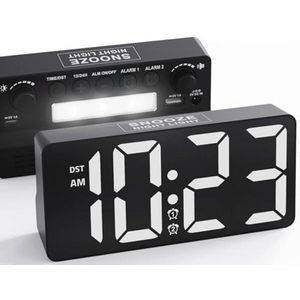 Digitale wekker met nachtlampje, 7-traps volume, dual alarm, snooze en grote cijfers voor school, kantoor en slaapkamer