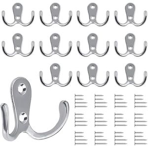 12 stuks kledinghaken, dubbele wandhaken, retro haken, metaal, zilver, kledinghaken, vintage, met 48 schroeven, voor garderobehaken, badkamer, keuken (zilver)