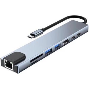 8-in-1 USB-C-hub met Ethernet, PD en USB-C-hub, ondersteunt 4K HDMI, RJ45 Ethernet, 100W PD, SD/TF-kaartlezer, USB 3.0/2.0-poorten en dockingstation voor computers, mobiele telefoons, enz.