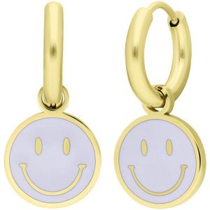 Lucardi Kinder Stalen goldplated oorbellen met smiley wit - Oorbellen - Staal - Goudkleurig