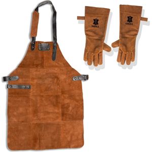 Leren Schort Suede + Handschoenen | LICHT BRUIN (Cognac) | BBQ Schort - Lederen Kookschort – Man - 81 x 56 cm