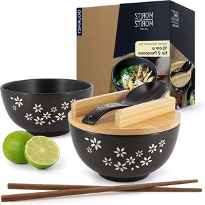 Ramen kom keramiek zwart - 600 ml - 15 cm Ø - Set voor 2 personen - Soep Pho en Sushi - Incl. staafjes - deksel - lepel