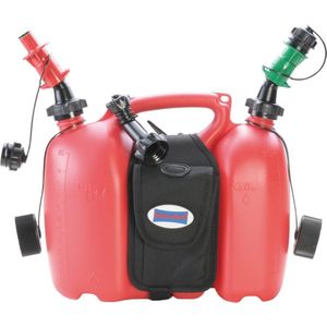 dubbele jerrycan / combijerrycan voor brandstof en olie met zadeltas en twee vulsystemen, 6 + 3 liter, VN-goedkeuring