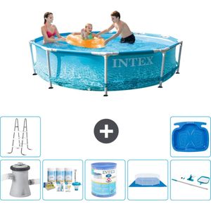 Intex Rond Frame Zwembad - 305 x 76 cm - Waterprint - Inclusief Pomp Onderhoudspakket - Filter - Grondzeil - Schoonmaakset - Ladder - Voetenbad