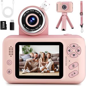 Upgrade Kids Selfie Camera, Kerst verjaardagscadeau voor 3-9 jaar oude meisjes, Draagbaar speelgoed voor kinderen van 3, 4, 5, 6, 7, 8, 9 jaar, Peuter 1080HD digitale videocamera met 32G SD-kaart Roze