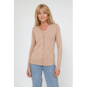 Dames vest Astrid effen taupe licht bruin kort model met 6 knopen lange mouwen Maat S cardigan