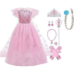 Prinsessenjurk meisje - Het Betere Merk - Prinsessen speelgoed - Roze jurk - Carnavalskleding kinderen - Prinsessen verkleedkleding - 110/116 (120)- Juwelenset - Lange handschoenen - Prinsessenkroon - Tiara - Toverstaf - Haarvlecht - Kleed