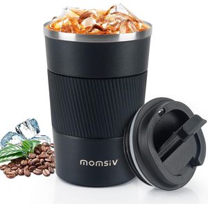 Thermosbeker, koffiebeker met lekvrij deksel, thermobeker, isoleerbeker, roestvrij staal, koffiemok om mee te nemen voor warm en koud water, koffiethee (380 ml, zwart)