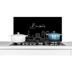Spatscherm keuken 90x45 cm - Kookplaat achterwand Brussel - Zwart wit - Skyline - Line art - België - Muurbeschermer - Spatwand fornuis - Hoogwaardig aluminium