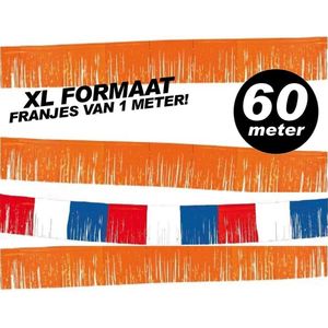 EK VOETBAL 2024 Mega Formaat Franje Slingers - totale lengte 60 meter - XXL franjes oranje + rood - wit - blauw van 1 meter breed - voordeelpakket 60 meter Koningsdag