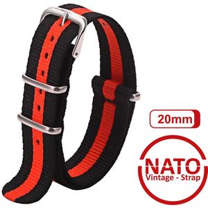 20mm Premium Nato Strap Zwart Rood - Vintage James Bond - Nato Strap collectie - Mannen - Vrouwen - Horlogeband - 20 mm bandbreedte voor oa. Seiko Rolex Omega Casio en Citizen