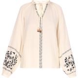 usha - Festival - Blouse - Beige / Zwart - Wijde Blouse met Pofmouwen