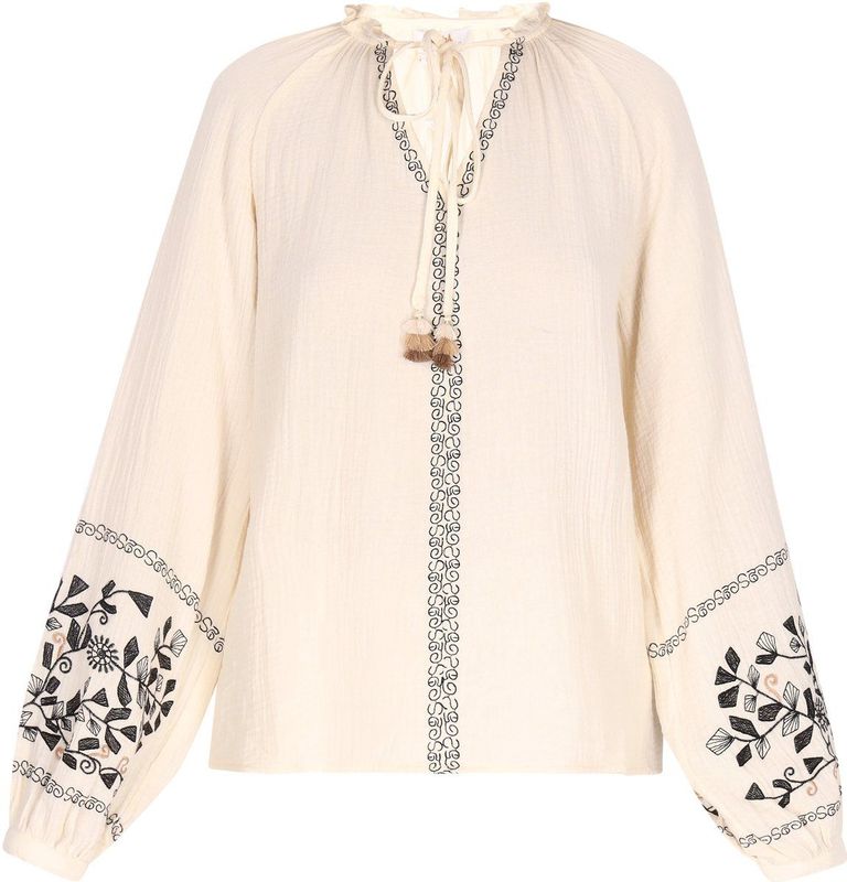 usha - Festival - Blouse - Beige / Zwart - Wijde Blouse met Pofmouwen
