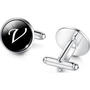Manchetknopen - Letters Initialen Letter V Zilver Zwart