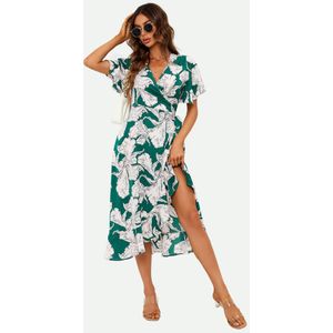 Midi-jurk met engelmouwen en wikkelmotief in groen