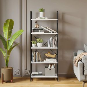 Boekenkast 5 niveaus, staande boekenplank, houten plank en metalen frame boekenrek, display-opbergrek voor woonkamer, thuiskantoor - witte boekenplank