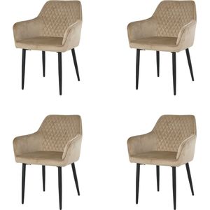 Nuvolix velvet eetkamerstoelen met armleuning set van 4 ""Barcelona"" - stoel met armleuningen - eetkamerstoel - velvet stoel - beige